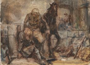 Attributed to Frederick Charles Winby - Lamentation, a pair of figures and a horse, inscribed to