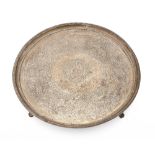 A George III silver salver, with beaded rim, on four fluted feet, later chased, 33cm diam, by Daniel