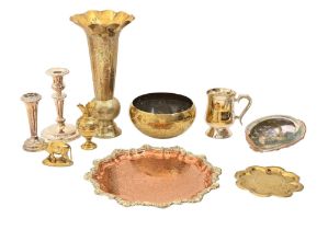 A brass vase and miscellaneous other metalware, including plated articles