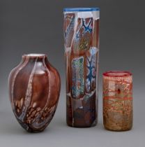 Studio glass. Denby, Derbyshire - Cylindrical vases, three, embedded or lustre, 32cm h and