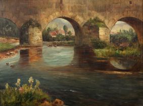 North European School, late 19th/early 20th c - A Bridged River, the background with a town,