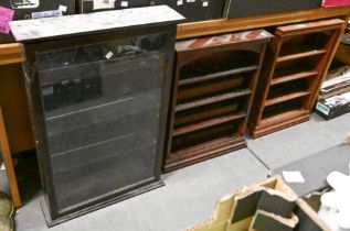 A Victorian style wall hanging cabinet, with glazed door and a pair of smaller open cabinets for the