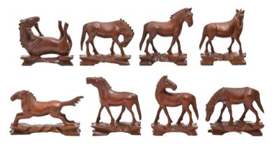 A set of eight Chinese stained and carved wood horses of Mu Wang, 20th c, 80mm h Undamaged