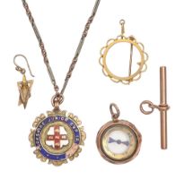 A 9ct gold T-bar, 9ct gold and enamel watch fob shield and other gold articles, including a watch