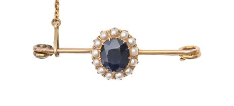 A sapphire and split pearl brooch, in gold, on associated gold safety pin, 39mm l, marked 15, 3.2g