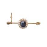 A sapphire and split pearl brooch, in gold, on associated gold safety pin, 39mm l, marked 15, 3.2g