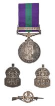 General Service Medal, one clasp, Cyprus 23079108 Pte J Walman RAOC, two WWII silver ARP badges,