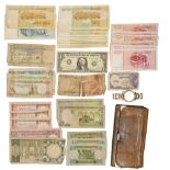 Paper money. Miscellaneous banknotes, including Saudi Arabia and Central Bank of Iraq, a leather