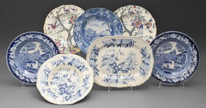 Four Brameld blue printed earthenware soup plates, including a pair in the Indian pattern and a