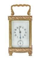 A French brass carriage alarm timepiece, early 20th c, in Doucine case, 95mm h, leather case