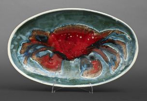 David Sharp - Crab dish, tin glazed earthenware, 42cm l, painted signature DAVID SHARP RYE