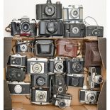 Photography. A collection of roll film cameras, including Photax, black Bakelite, Ilford,