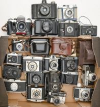 Photography. A collection of roll film cameras, including Photax, black Bakelite, Ilford,