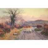Willie Stephenson (1857-1938) - Sheep on a Country Lane, signed, watercolour, 49 x 74cm Good