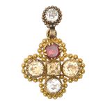 A foiled paste and gold coloured filigree cruciform brooch, 19th c, 34mm h, 4.7g Good condition