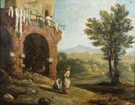 English School, 19th c - Figures before an Italianate Lanscape, oil on canvas, 46 x 59cm Good