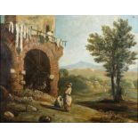 English School, 19th c - Figures before an Italianate Lanscape, oil on canvas, 46 x 59cm Good