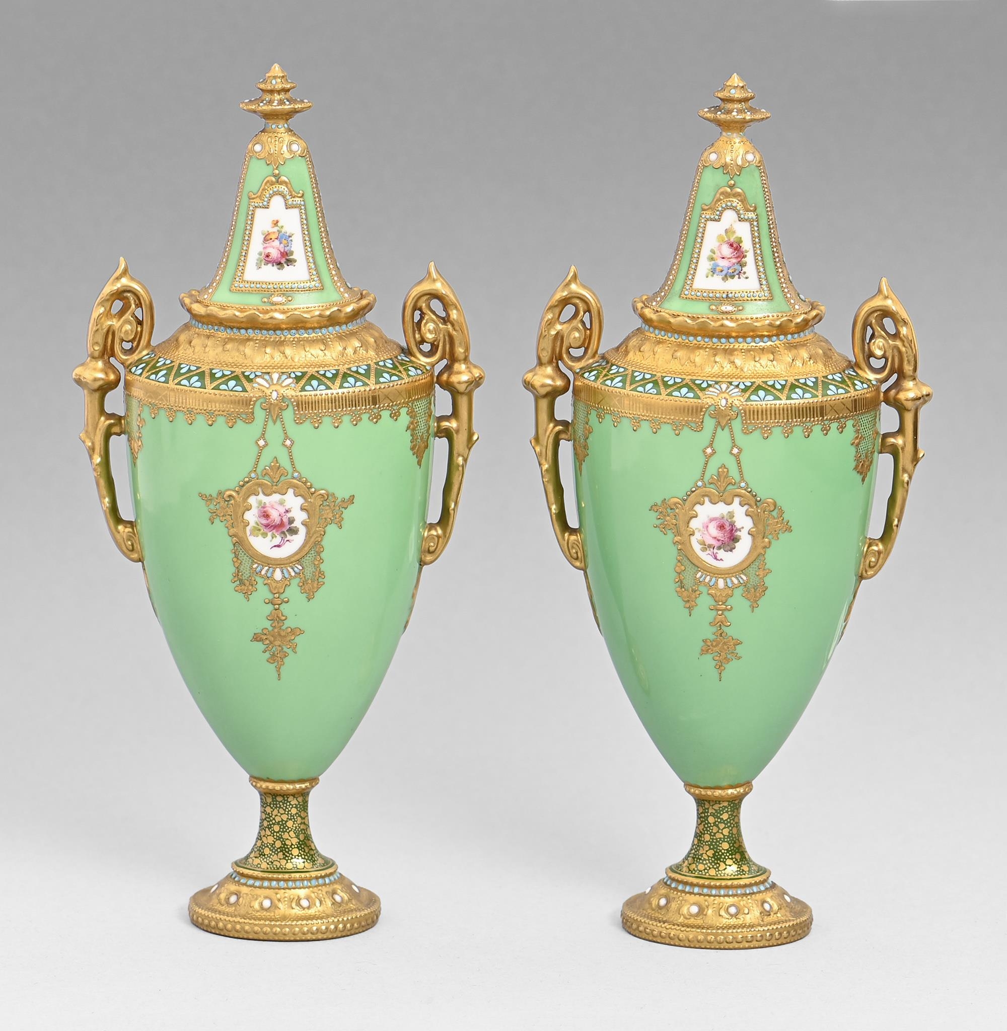 A pair of Royal Crown Derby vases and covers, 1908, painted by Leroy, signed, with flowers and a - Image 2 of 3