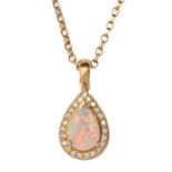 A pear shaped opal and diamond pendant, in gold, 29mm h, marked 18k and an 18ct gold necklet, 11.