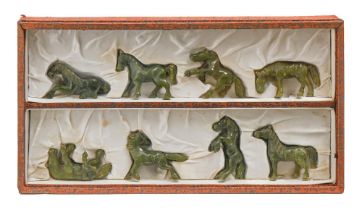 A set of Chinese jade carvings of the Eight Horses of Mu Wang, 20th c, 90mm and circa, in glazed