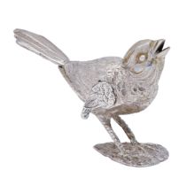 A Spanish silver songbird novelty condiment, 20th c, 90mm l, maker's and control marks, 1oz 18dwts