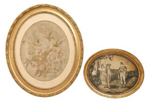 A Regency silk picture of shepherds and a youth, en grisaille, oval, 32cm l, in contemporary