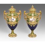 A pair of Royal Crown Derby vases and covers, 1907,  of shield shape, painted by Leroy, signed, with