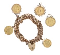 Gold coins. A 9ct gold bracelet adapted from an albert, with 9ct gold padlock, the three attached