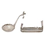 A Continental silver model of a rowing boat and a contemporary sugar sifter with bird terminal,