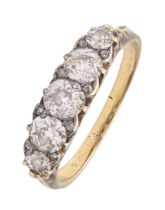 A diamond ring, with five old cut diamonds, in gold, 4g, size P Light wear, slight line inclusions