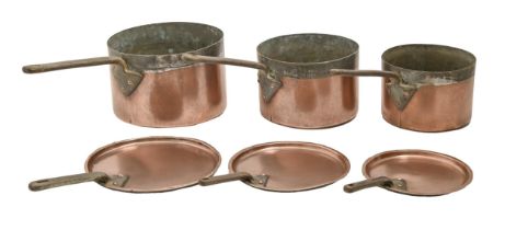 Three graduated Victorian or Edwardian copper saucepans, with iron handle, seamed, 23cm diam and