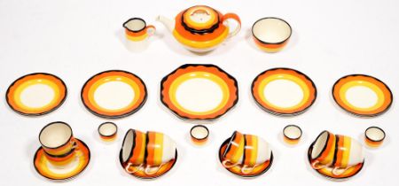 An A E Gray Art Deco earthenware tea service, c1940, with banded decoration, teapot and cover 13cm h
