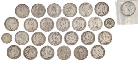 Silver coins. Half crown Victoria and Edward VII, mostly very mixed, 1899 and 1907 better (25) and