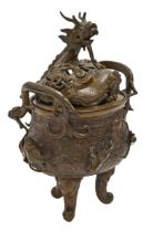 A Japanese bronze koro and cover, Meiji period, surmounted by a dragon, rich mid brown patina,