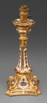 A Royal Crown Derby Imari pattern dolphin candlestick lamp, late 20th c, 26.5cm h excluding fitment,