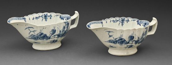 Two Worcester blue and white sauceboats, c1758, of convex fluted shape and painted with the