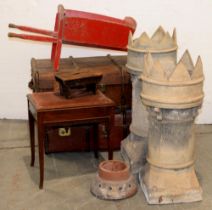 A pair of Victorian white terracotta castle top chimney pots, 84cm h, two cabin trunks, a child's