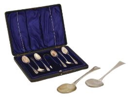 A set of six Victorian silver coffee spoons and pair of sugar tongs, by Harrison Brothers &