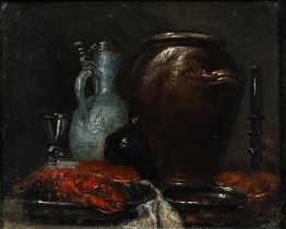 Dutch School, first-half 19th c - Still Life with a Mounted Chinese Ewer, an Earthenware Vessel, a