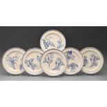 A set of six Wedgwood blue printed Pearl Body Botanical Flowers pattern plates, early 19th c, 25cm