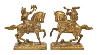 A pair of French gilt lacquered spelter equestrian statuettes of a lady and squire, c1900, 19cm h