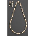 A necklace of cultured pearls, 14ct gold and hematite beads, gold clasp, 43cm l and a pair of