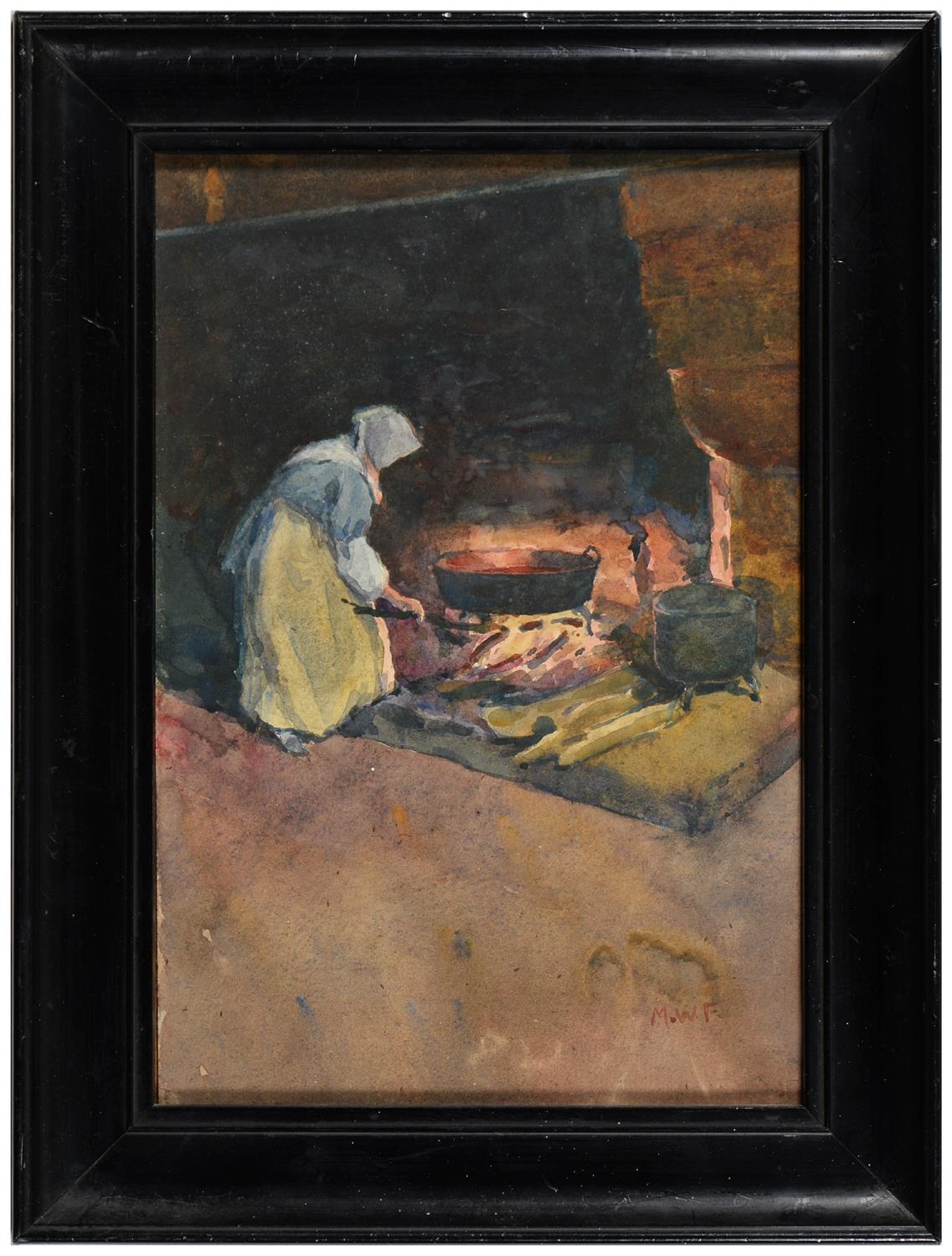 English School, early 20th c - Tending the Fire; Nursing the Baby, a pair, both signed with initials - Image 5 of 6