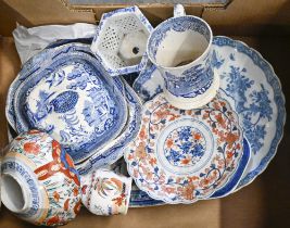 A Japanese Imari bowl and dish, a Chinese blue and white pierced cache pot and other ceramics