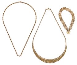 A 9ct gold necklace and gate bracelet and a gold rope necklace, marked 375, 26g Undamaged