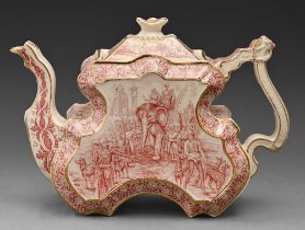 A Staffordshire earthenware teapot and cover, c1895, transfer printed in puce with an elephant in