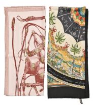 Fashion accessories. Hermes, Paris, two silk scarves, one boxed Good condition