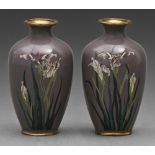 A pair of Japanese miniature cloisonne enamel vases, Meiji / Taisho period, with lilies on a