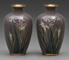 A pair of Japanese miniature cloisonne enamel vases, Meiji / Taisho period, with lilies on a