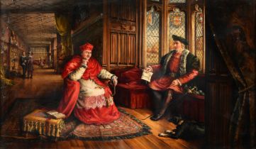 Victorian School - A Cardinal and other Figures in a Tudor Long Gallery, signed with initials JR and